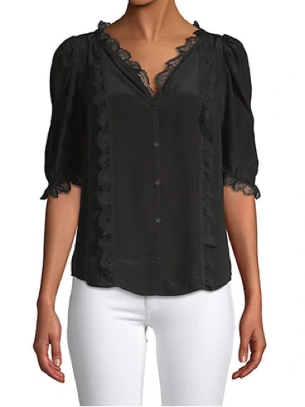 Zadig & Voltaire THEOS DELUXE Silk RUFFLE Black SHIRT Chic Ruffle Lace Size XS